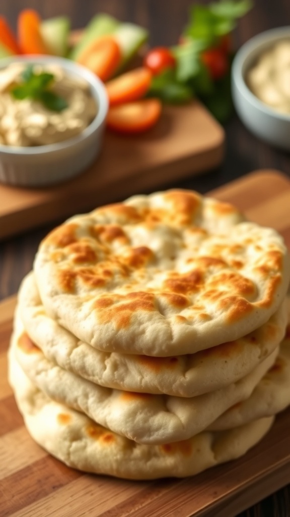 Freshly baked pita bread stacked on a cutting board with hummus and vegetables in the background.